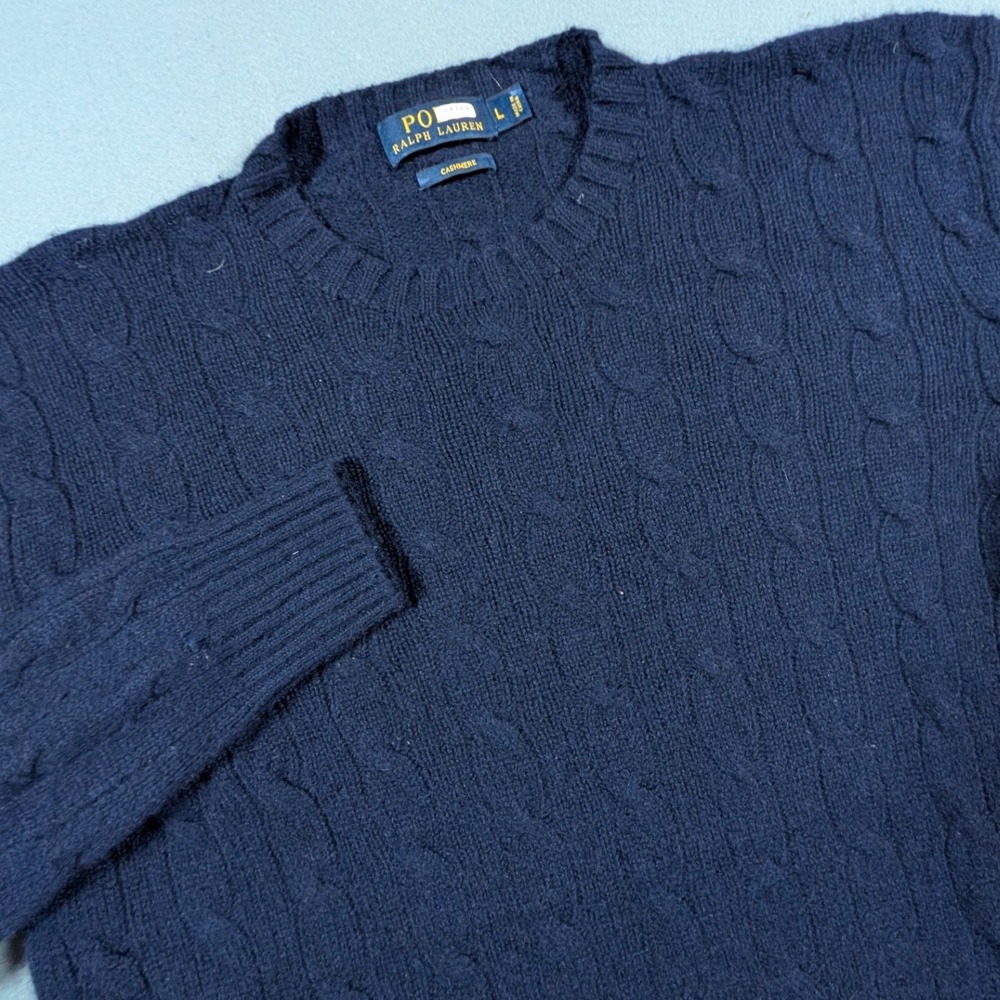 Polo Ralph Lauren Sweater Womens Large Navy Blue Cable Knit Cashmere Crew Neck